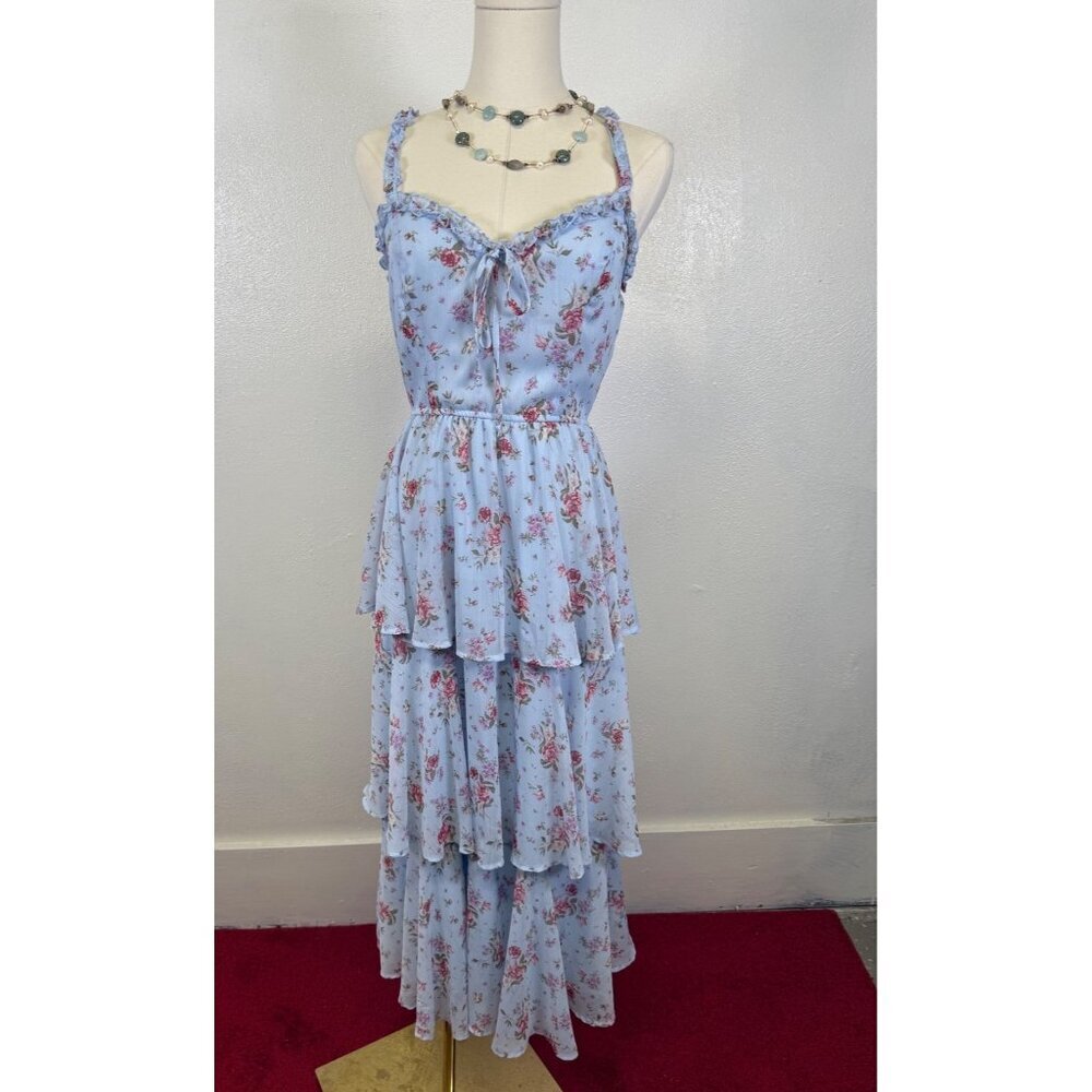 Floral Tiered Maxi Dress Small Ruffle Straps Babydoll Fairy Cottage Inide Boho
